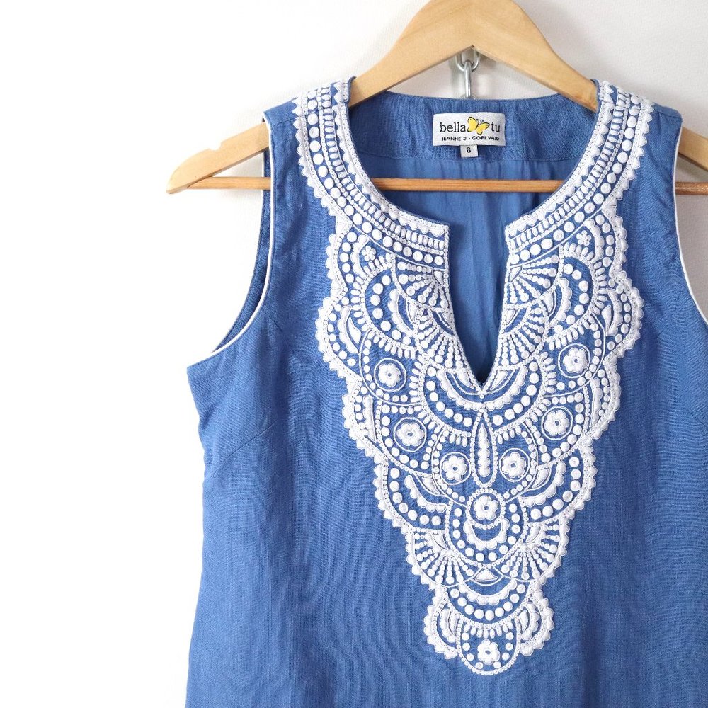 SOLD bella tu embroidered blue linen mini dress 6 - Picture 2 of 5